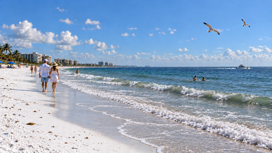 AI-generated illustration of a couple walking along a white-sand beach beside blue Gulf waters.
