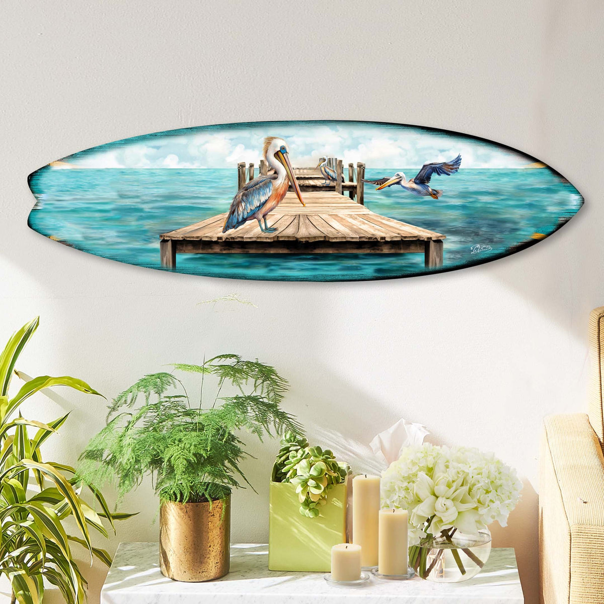 Pelican on the Pier Surfboard Coastal Wall Art by G. DeBrekht - Coastal Holiday Decor - 8490127HS