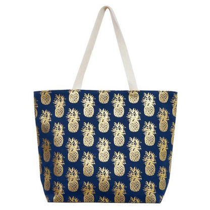 Metallic Pineapple Patterned Beach Tote Bag