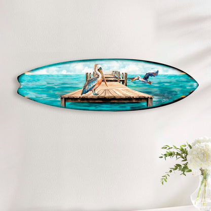 Pelican on the Pier Surfboard Coastal Wall Art by G. DeBrekht - Coastal Holiday Decor - 8490127HS