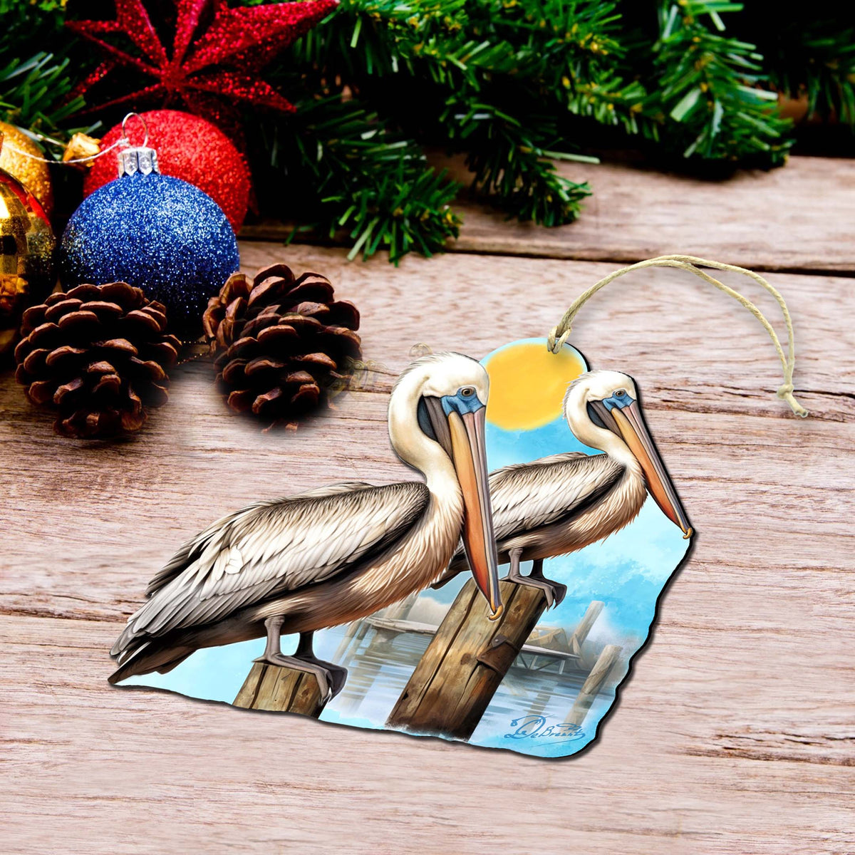 Beach Themed Ornaments - Pelicans Wooden Ornaments by G.Debrekht Coastal Holiday Decor - 8688195